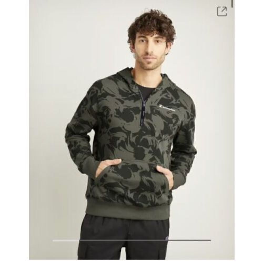 Champion Olive Green and Black Designed Quarter Zip Hoodie